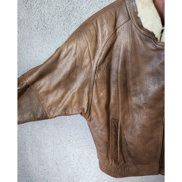 Vtg 100% Leather Aviator Bomber Jacket Faux Fur Double Collar Made in Korea PM - Picture 5 of 16